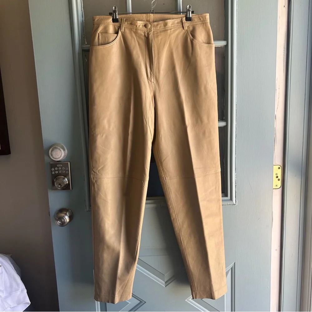 Vintage 80s Together Sheep Nappa Genuine Leather Straight Leg Pants Beige Tan 14